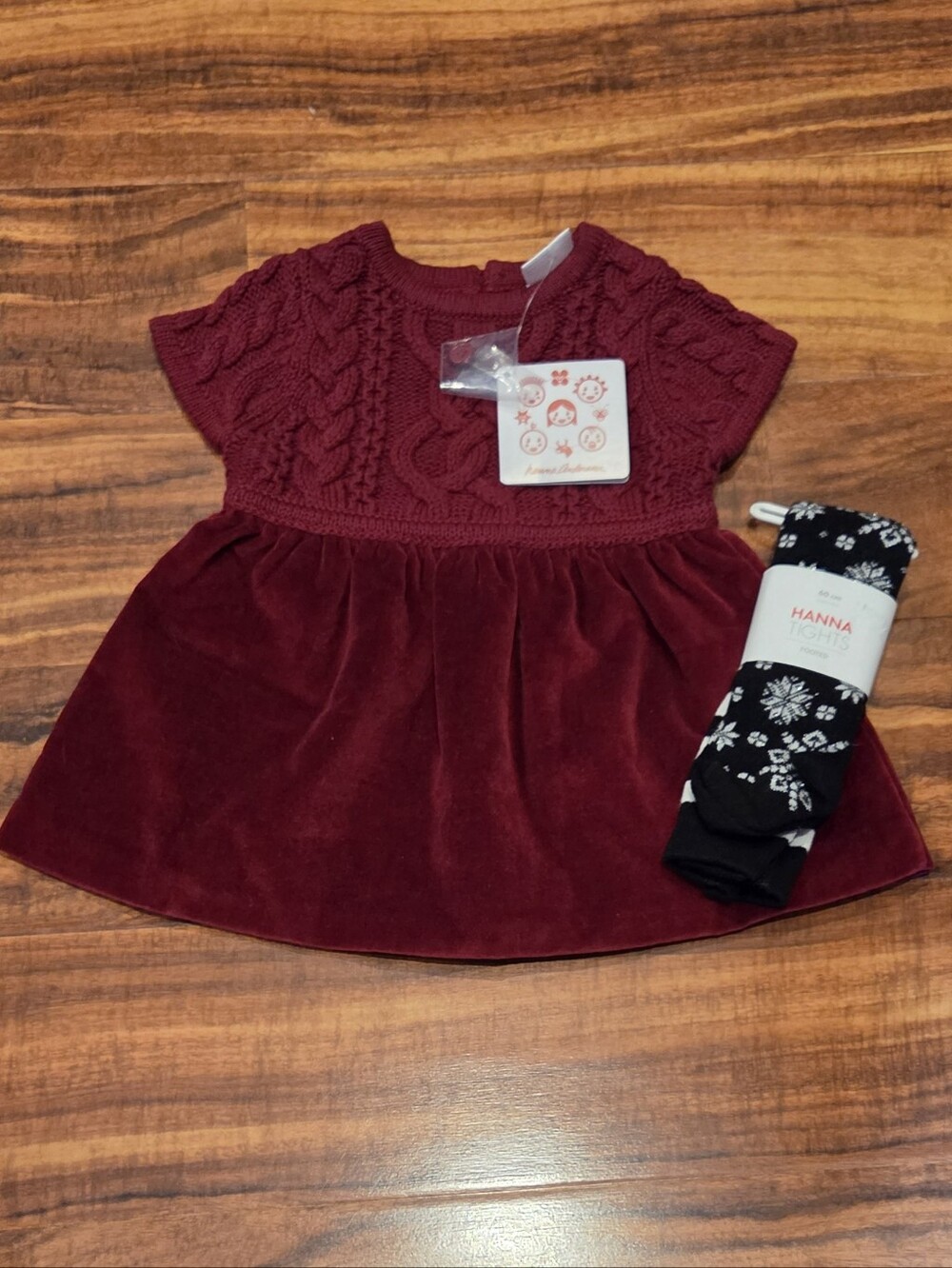 Hanna Andersson NWT 3-6 (60) Burgundy Velvet and Knit Bodice Dress & Tights